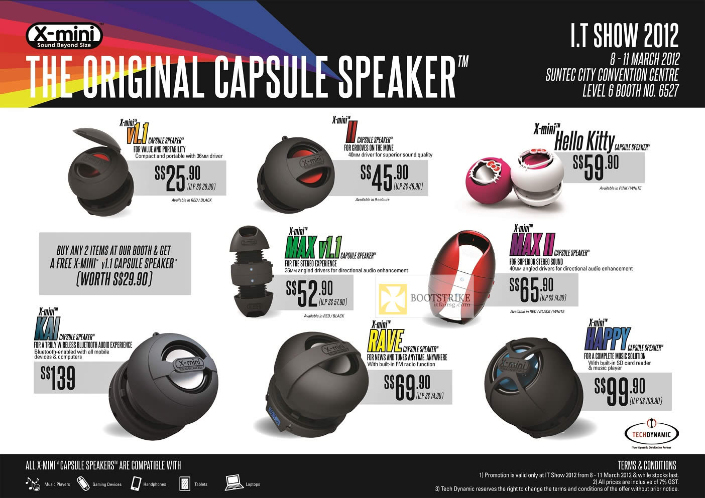 IT SHOW 2012 price list image brochure of Tech Dynamic X-Mini Capsule Speakers V1.1, II, Hello Kitty, Max II, Max V1.1, Kai, Rave, Happy