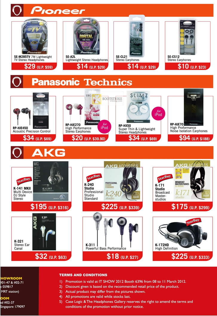 IT SHOW 2012 price list image brochure of The Headphones Gallery Pioneer Headphones, Panasonic, Technics, RP-HJE70 Earphones, AKG K-141 MKII , K-240 Studio, K-171, K-321, K-172HD