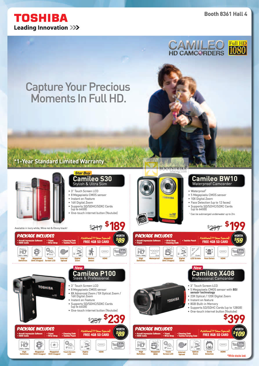 IT SHOW 2012 price list image brochure of Toshiba External Storage Camileo S30, BW10, P100 Video Camcorder, X408