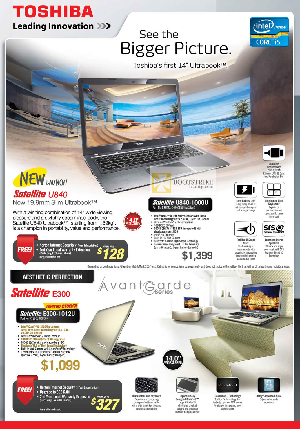 IT SHOW 2012 price list image brochure of Toshiba Notebooks U840 Ultrabook U840-1000U PSU4RL-00900E, E300-1012U PSE30L-00U00F