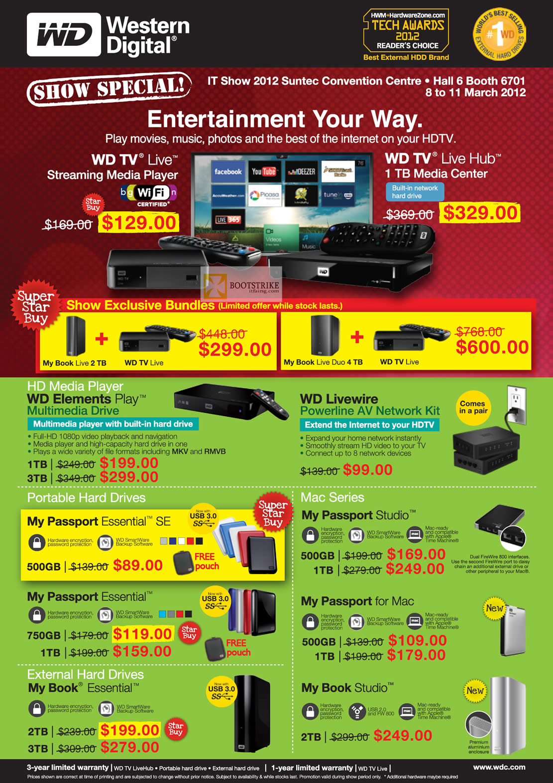 IT SHOW 2012 price list image brochure of Western Digital External Storage WD TV Live Media Player, TV Live Hub, Elemetns Play, Livewire Powerline AV Network, My Passport Essential SE, Studio