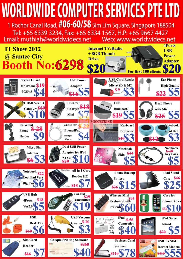 IT SHOW 2012 price list image brochure of Worldwide Computer Accessories USB, HDMI, Keyboard Protector, Cool Ball, Micro Sim, Vacuum Cleaner, Case, Hub, Battery, Skin, HSDPA Modem, FM Radio, Skin, Fan