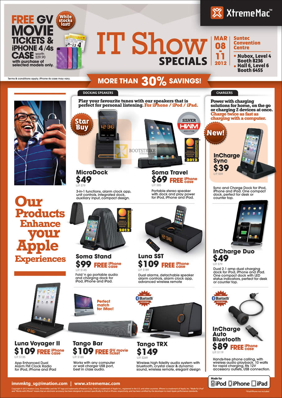 IT SHOW 2012 price list image brochure of XtremeMac IPhone Docking Speakers MicroDock, Soma Travel, InCharge Sync Charger, Tango Bar, TRX, Blutooth, Luna Voyager II, SST