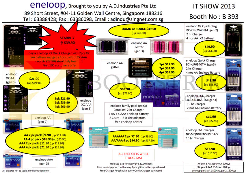 IT SHOW 2013 price list image brochure of A.D. Industries Eneloop XX AA Batteries AAA, Glitter, Family Pack, Quick Charger, Standard Charger