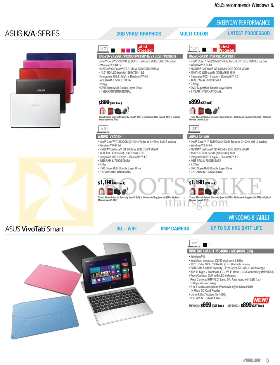 IT SHOW 2013 price list image brochure of ASUS Notebooks K45VD-VX299H VX300H VX301H VX302H VX303H, K55VD-SX731H SX732H SX733H, A45VS-VX007H, A55VJ-SX118H, Tablet VivoTab Smart ME400C ME400CL 3G