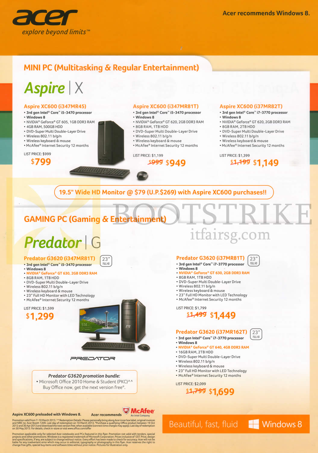 IT SHOW 2013 price list image brochure of Acer Desktop PCs, Monitors, Aspire X XC600 I347MR45, I347MR81T, I37MR82T, H226HQL, T232HL, G276HL, Predator Gaming PCs G3620 I347MR81T, I37MR81T, I37MR162T