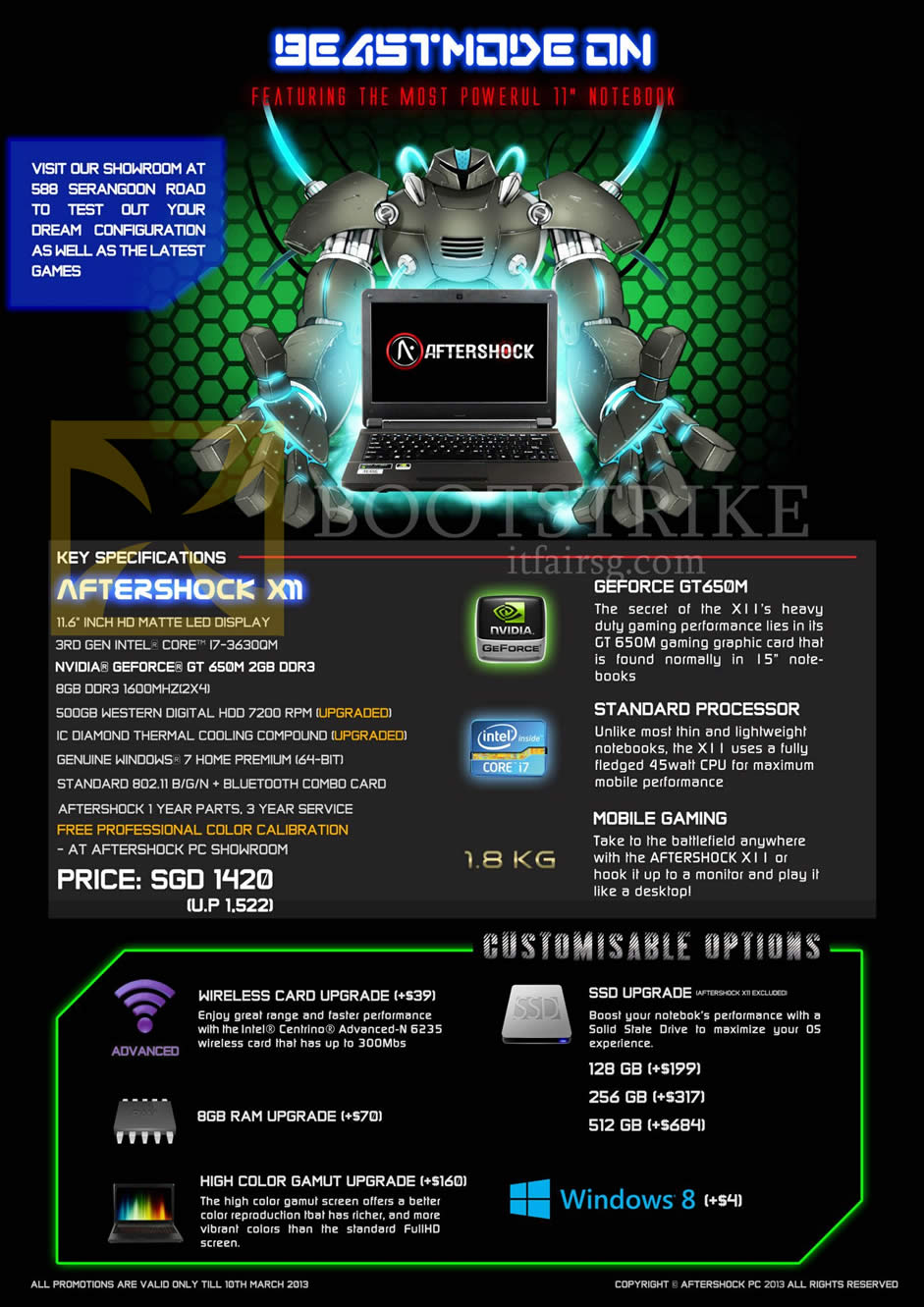 IT SHOW 2013 price list image brochure of Aftershock X11 Gaming Notebook, Upgrades, Options