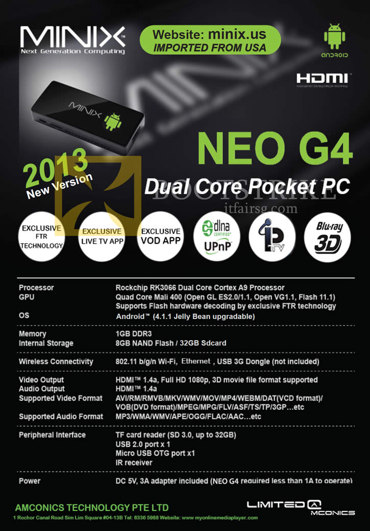 IT SHOW 2013 price list image brochure of Amconics Minix Neo G4 Android Pocket PC Specifications