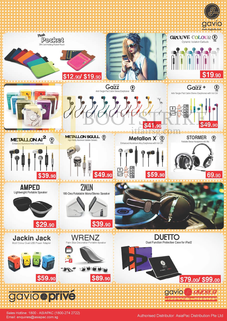 IT SHOW 2013 price list image brochure of Asiapac Gavio Accessories Plush Pocke, Gruuve Colour Earphones, Gazz, Plus, Metallon AI2, Sgull, X, Stormer, Amped, 2win Speakers, Wrenz, Duetto Case, Jackin Jack