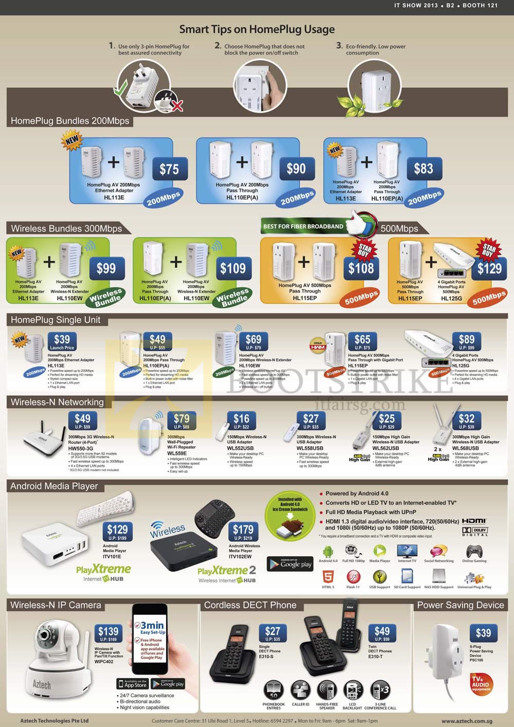 IT SHOW 2013 price list image brochure of Aztech Networking HomePlug, HomePlug AV, Wireless Repeater, Router, USB Adapter, PlayXtreme Android Media Player, IPCam, Dect Phone, S-Plug