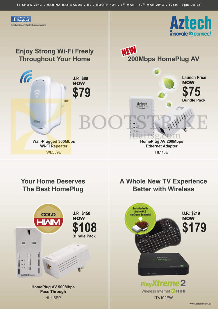 IT SHOW 2013 price list image brochure of Aztech Networking Wireless Repeater WL559E, HomePlug AV HL113E, HL115EP, PlayXtreme 2 ITV102EW