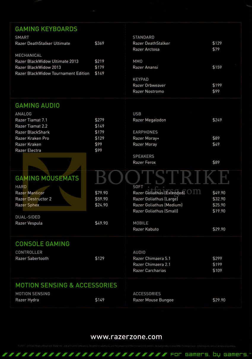 IT SHOW 2013 price list image brochure of Ban Leong Razer Gaming Keyboards DeathStalker BlackWidow Ultimate 2013, Arctosa, Anansi, Orbweaver, Nostromo, Audio Tiamat Blackshark Kraken Pro Electra, Console Gaming, Sabertooth Chimera Carcharias