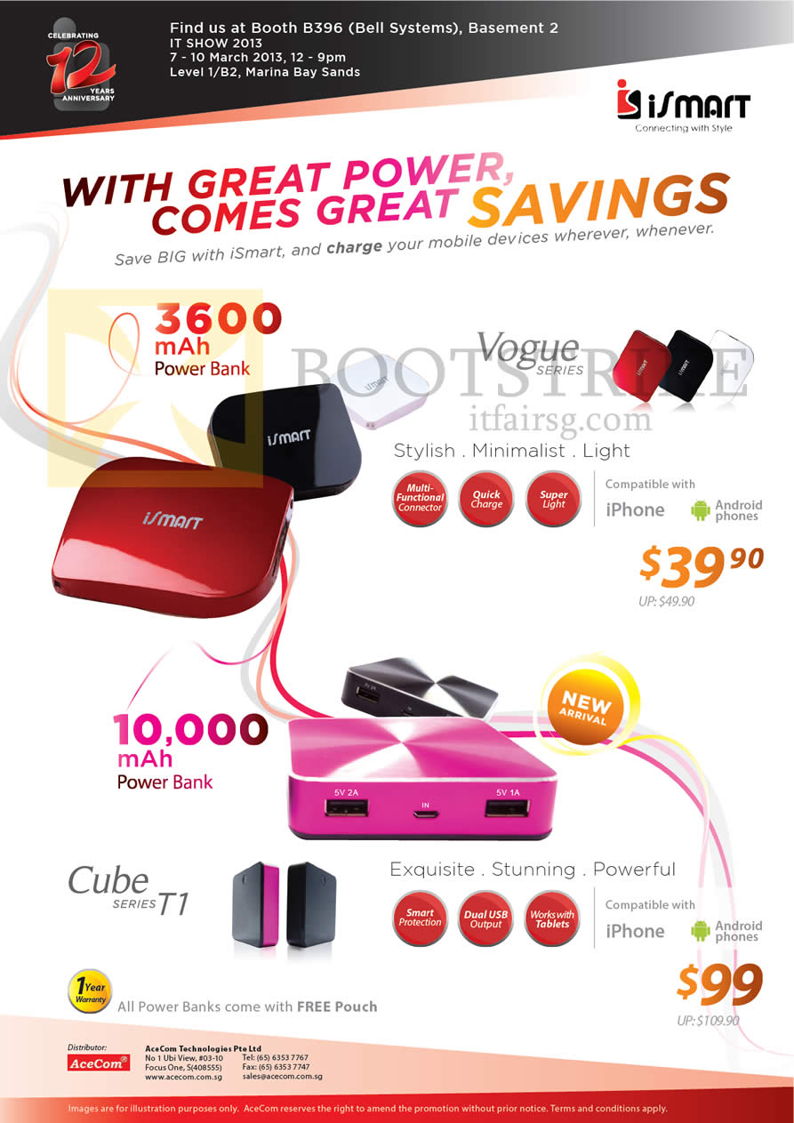 IT SHOW 2013 price list image brochure of Bell Systems ISmart Portable Chargers Power Bank Vogue, Cube Series T1