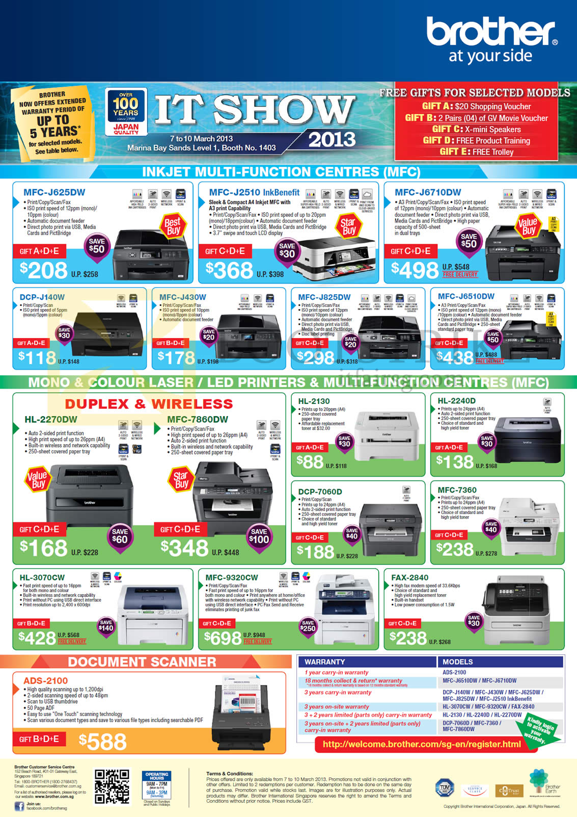 IT SHOW 2013 price list image brochure of Brother Printers Inkjet LED MFC-J625DW, J2510, J6710DW, J430W, J825DW, J6510DW, 7860DW, 7360, 9320CW, Laser DCP-J140W, 7060D, HL-2270DW, 2130, 3070CW, 2240D, FAX-2840, Scanner ADS-2100