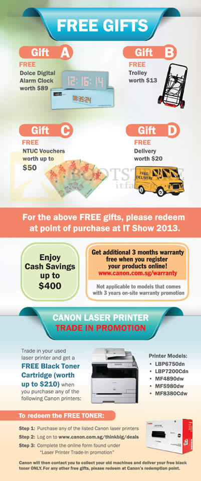 IT SHOW 2013 price list image brochure of Canon Printers Free Gifts Dolce Digital Alarm Clock, Trolley, NTUC Vouchers, Delivery