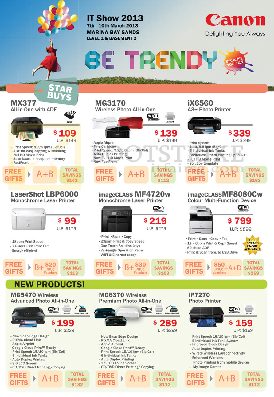 IT SHOW 2013 price list image brochure of Canon Printers Inkjet Laser MX377, MG3170, IX6560, IP7270, MG6370, MG5470, LBP6000, MF4720w, MF8080Cw