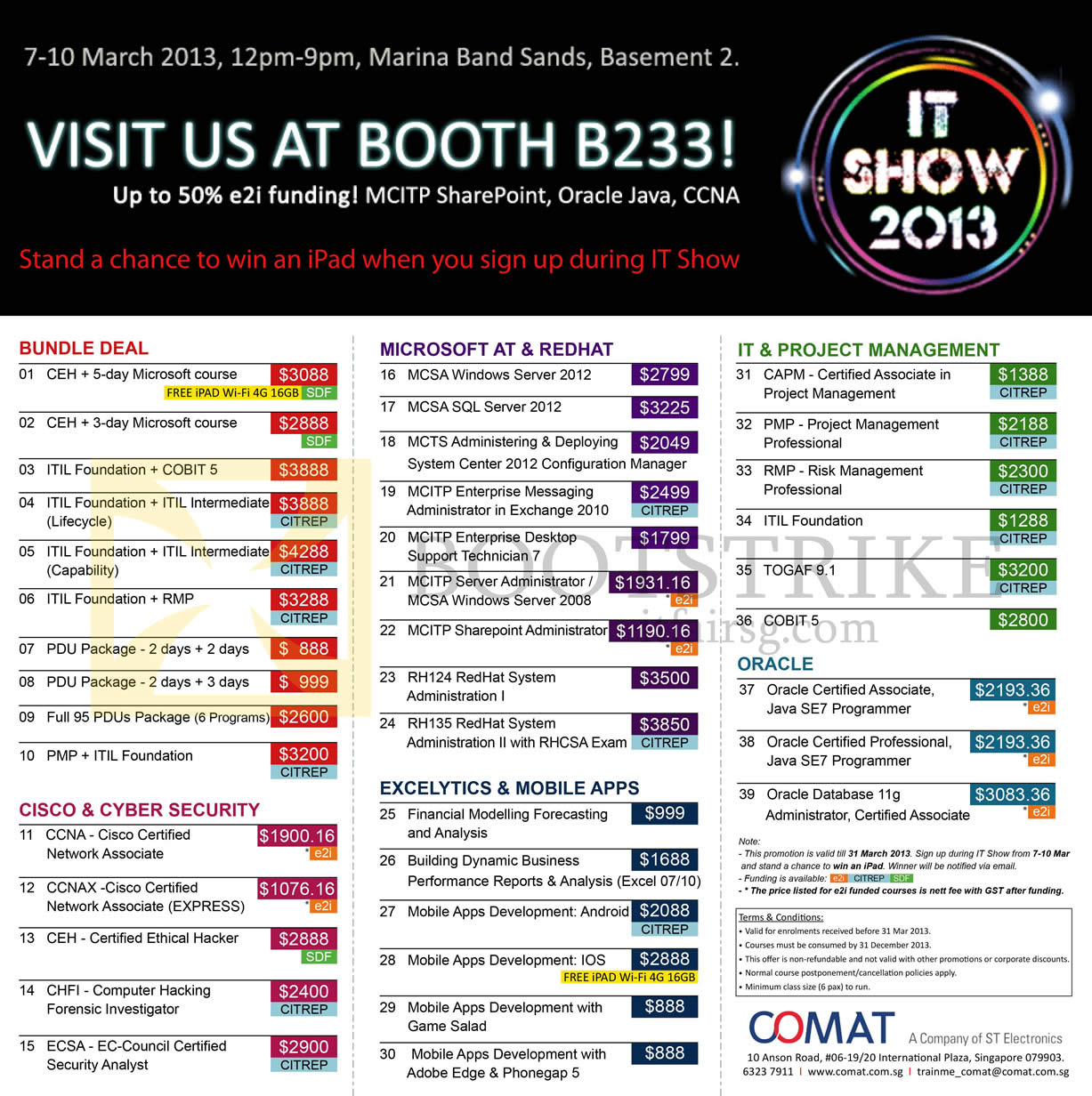 IT SHOW 2013 price list image brochure of Comat Training Courses CEH, ITIL, PDU, Microsoft MCSA, MCITP, RH124, RH135, PMP, Oracle, Cisco CCNA, CCNAX, CEH. CHFI, ECSA