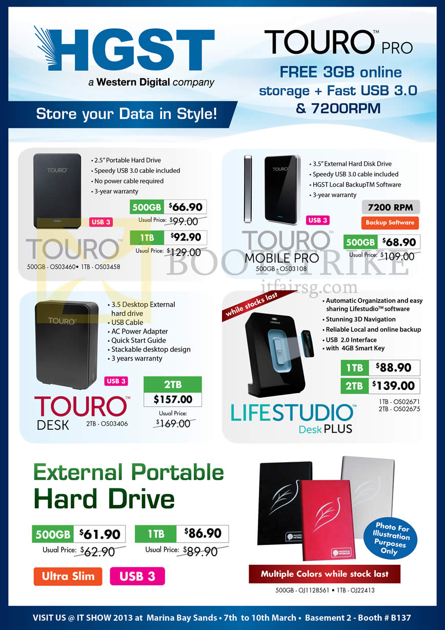 IT SHOW 2013 price list image brochure of Convergent Hitachi HGST External Storage Touro Pro, Mobile Pro, Desk, Lifestudio Desk Plus