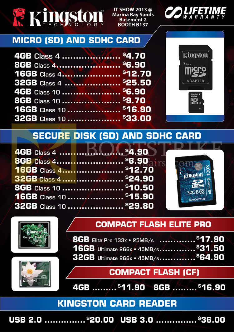 IT SHOW 2013 price list image brochure of Convergent Kingston MicroSD SDHC Flash Memory, SD, Compact Flash Elite Pro CF, Card Reader