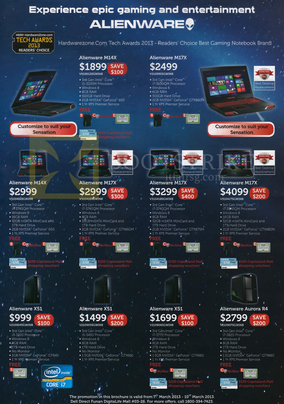 IT SHOW 2013 price list image brochure of Dell Notebooks Alienware M14X M17X, Desktop PC X51, Aurora R4