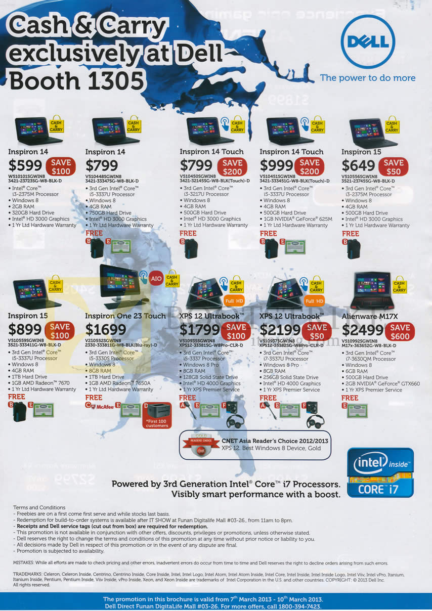 IT SHOW 2013 price list image brochure of Dell Notebooks Inspiron 14, Inspiron 14 Touch, Inspiron 15, Inspion One 23 Touch AIO Desktop PC, XPS 12 Ultrabook, Alienware M17X