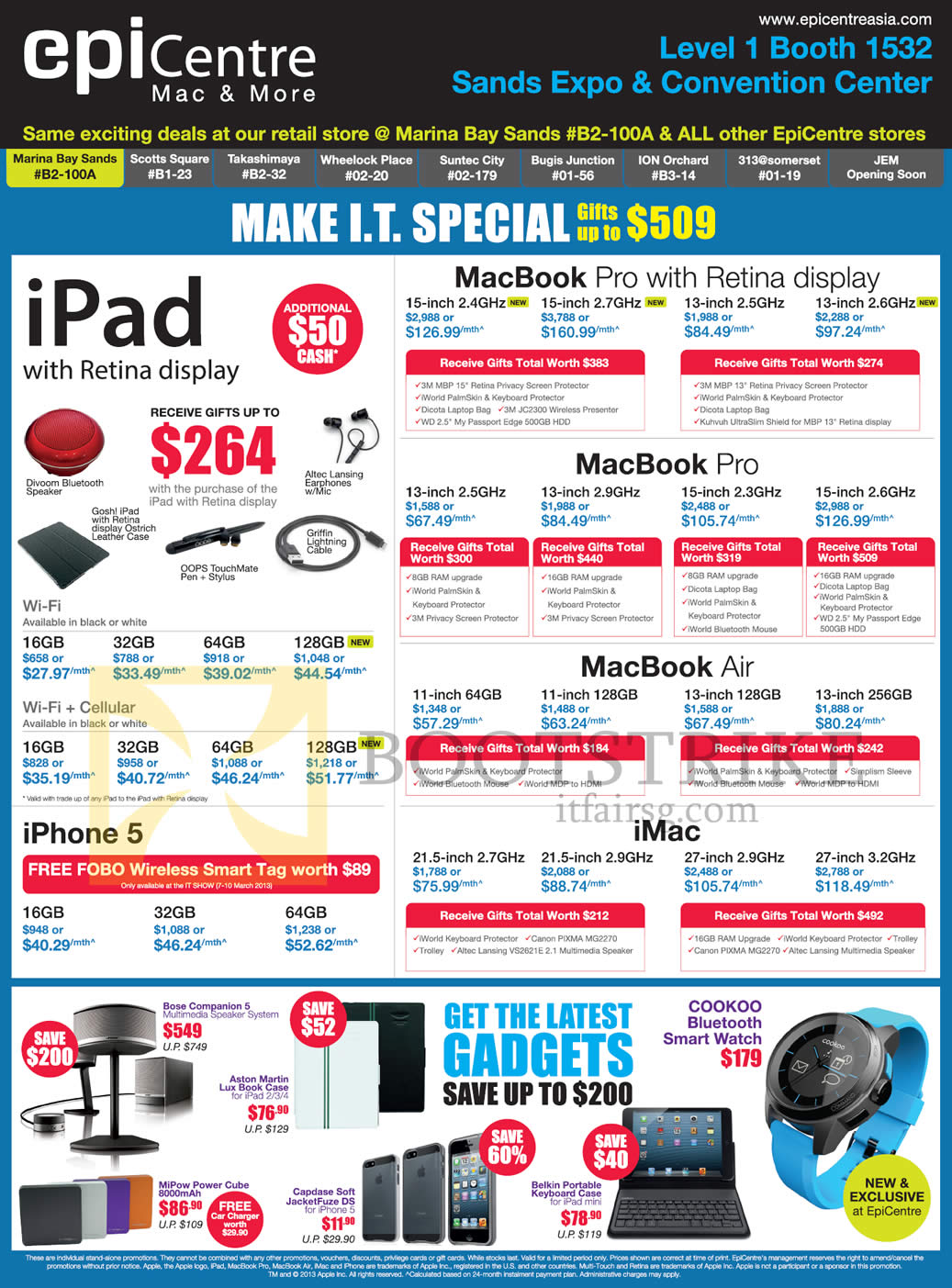 IT SHOW 2013 price list image brochure of EpiCentre Apple IPad 4 Tablet, MacBook Pro Notebook, Retina, Macbook Air, IPhone 5, IMac, Bose, Aston, Cookoo Watch, Belkin