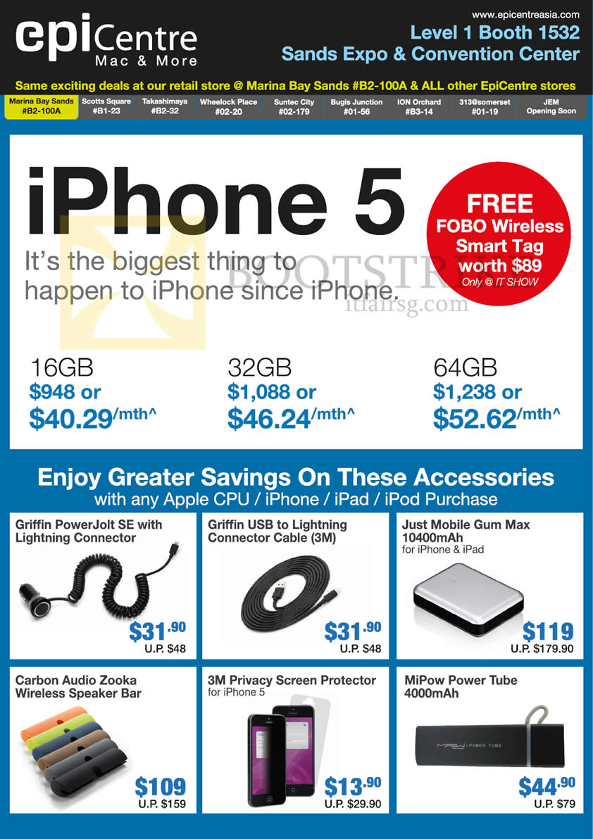 IT SHOW 2013 price list image brochure of EpiCentre Apple IPhone 5 Smartphone, Accessories Griffin, Just Mobile Gum Max, MiPow Power Tube, 3M Privacy Screen Protector