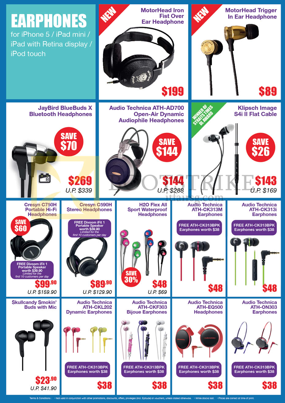 IT SHOW 2013 price list image brochure of EpiCentre Earphones Headphones MotorHead, JayBird BlueBuds X, Audio Technica ATH-AD700 CKL202 CKF303 EQ500 ON303, Klipsch S4i II, Cresyn, Skullcandy Smokin