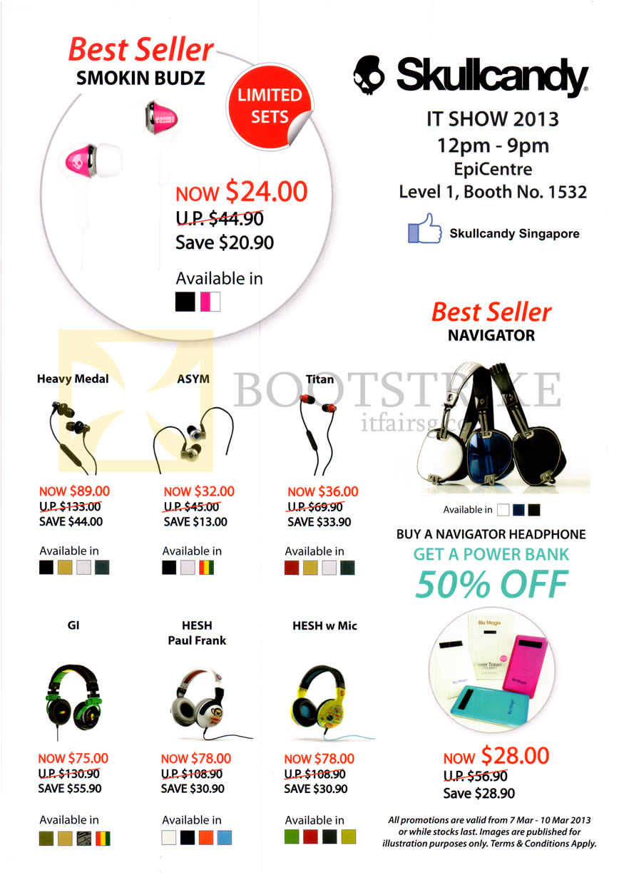 IT SHOW 2013 price list image brochure of EpiCentre Skullcandy Earphones Smokin Budz, Heavy Medal, Asym, Titan, Navigator Headphone, GI, Hesh Paul Frank, Hesh, Portable Charger