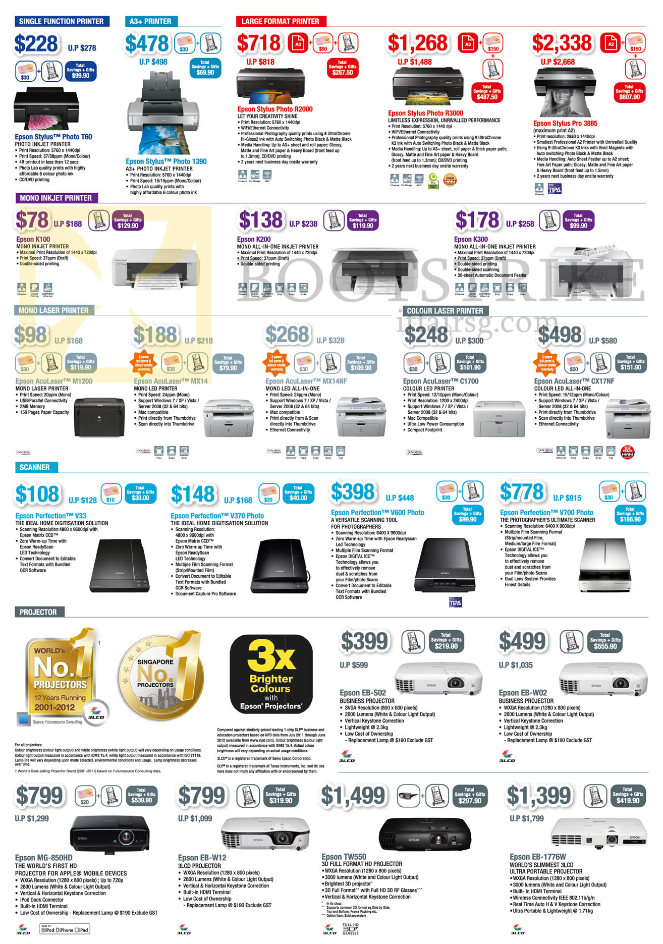 IT SHOW 2013 price list image brochure of Epson Printers Stylus Photo T60 1390 R2000 R3000 3885 K100 K200 K300, AcuLaser M1200 MX14 MX14NF, LED C1700 CX17NF, Scanner Perfection V33 V370 V600 V700, Projectors EB-S02 W02 W12 1766W TW550 MG-850HD