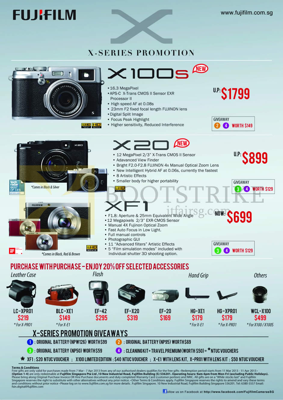 IT SHOW 2013 price list image brochure of Fujifilm Digital Cameras X Series X100s, X20, XF1, Purchase With Purchase Leather Case, Flash, Hand Grip