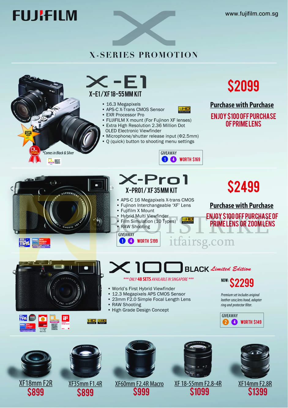 IT SHOW 2013 price list image brochure of Fujifilm Digital Cameras X-Series X-E1, X-Pro1, X100 Black Limited Edition, Lenses