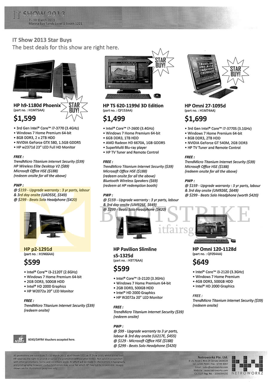 IT SHOW 2013 price list image brochure of HP Desktop PCs AIO H9-1180d Phoenix, TS 620-1199d 3D, Omni 27-1095d, P2-1291d, Pavilion Slimline S5-1325d, Omni 120-1128d