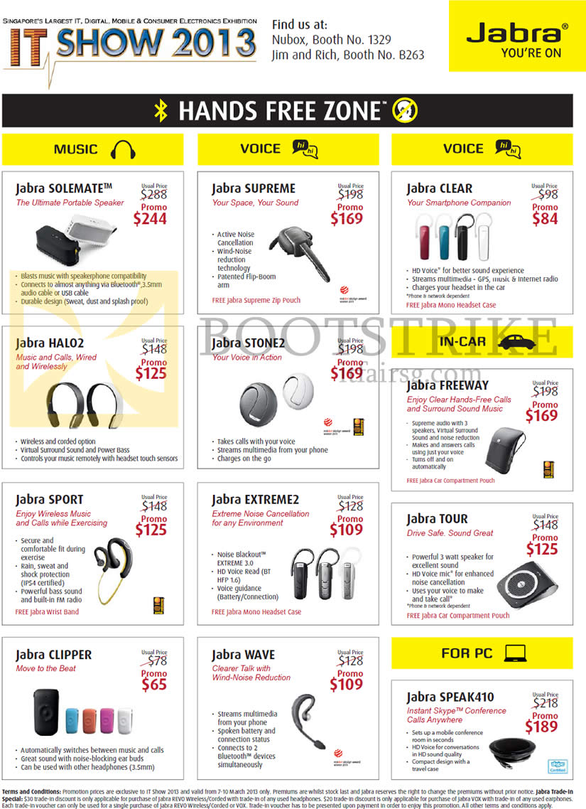 IT SHOW 2013 price list image brochure of Jabra Bluetooth Headsets Solemate, Supreme, Clear, Halo2, Stone2, Freeway, Tour, Sport, Extreme2, Clipper, Wave, Speak410