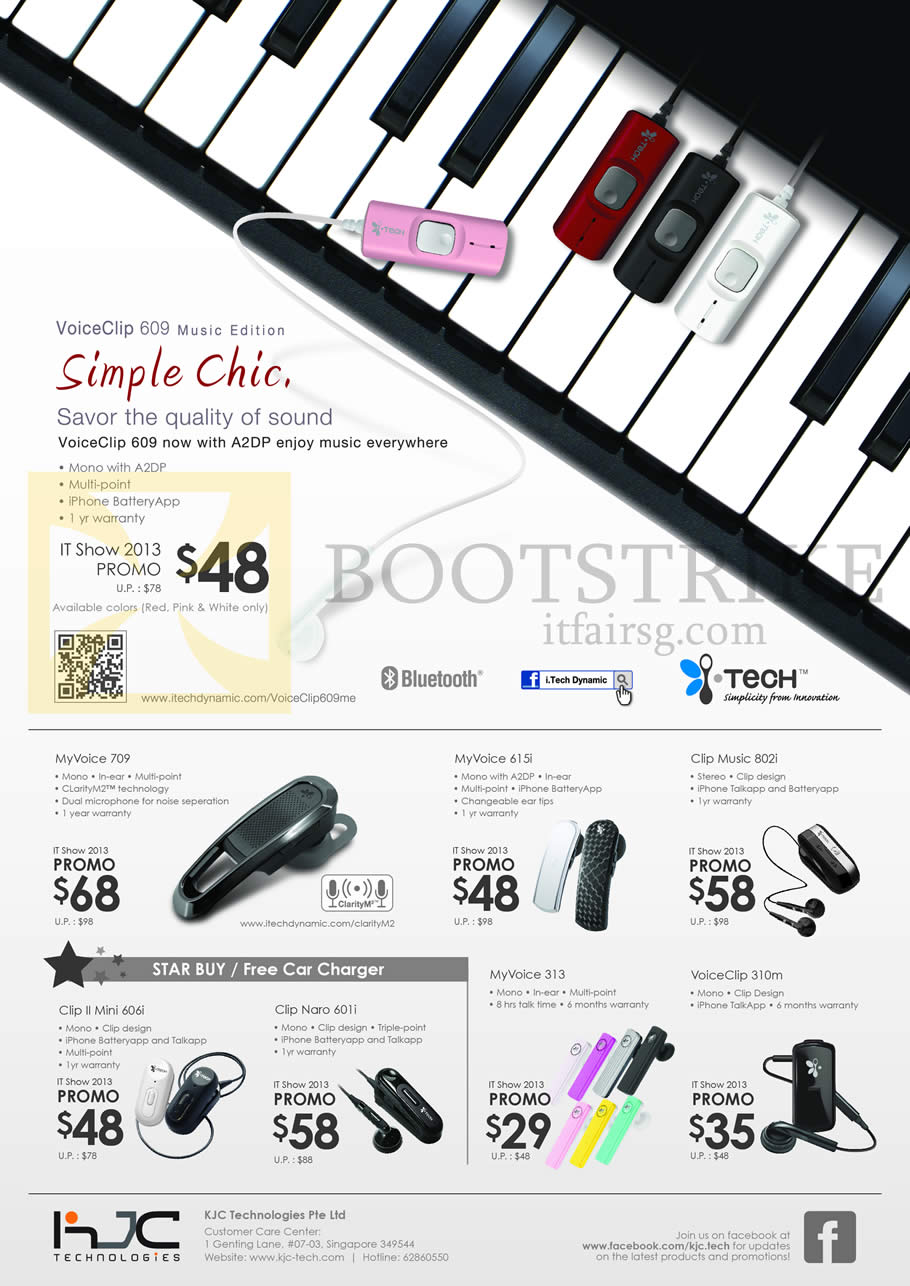 IT SHOW 2013 price list image brochure of KJC ITech VoiceClip 609 Bluetooth Headset, MyVoice 709, 615i, Clip Music 802i, 313, VoiceClip 310m, Clip II Mini 606i, Naro 6011