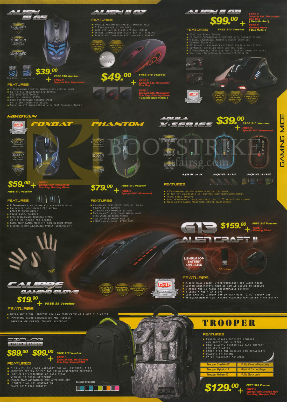 IT SHOW 2013 price list image brochure of Leap Frog Armaggeddon Mouse Alien III G5, II G7, II G11, Mikoyan Foxbat, Phantom, Aquila X-Series, Calibre Gaming Golf, Alien Craft II, Airbag Transit 14 15, Trooper Bags