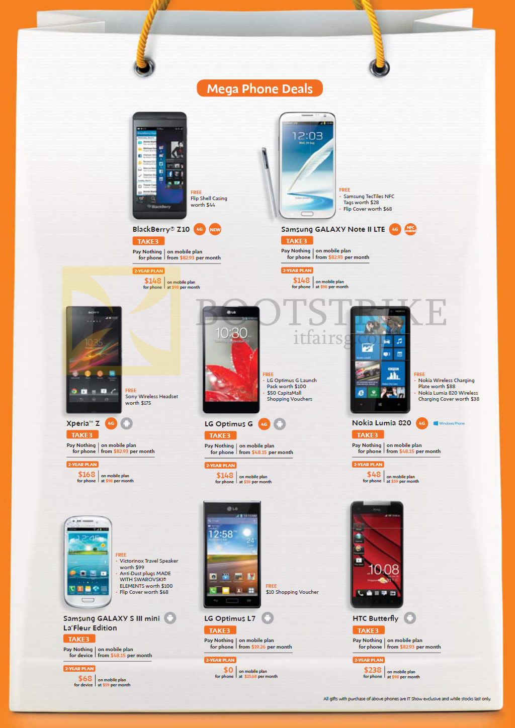 IT SHOW 2013 price list image brochure of M1 Mobile Phones Blackberry Z10, Samsung Galaxy Note II LTE, S III Mini, Sony Xperia Z, LG Optimus G, L7, HTC Butterfly, Nokia Lumia 820