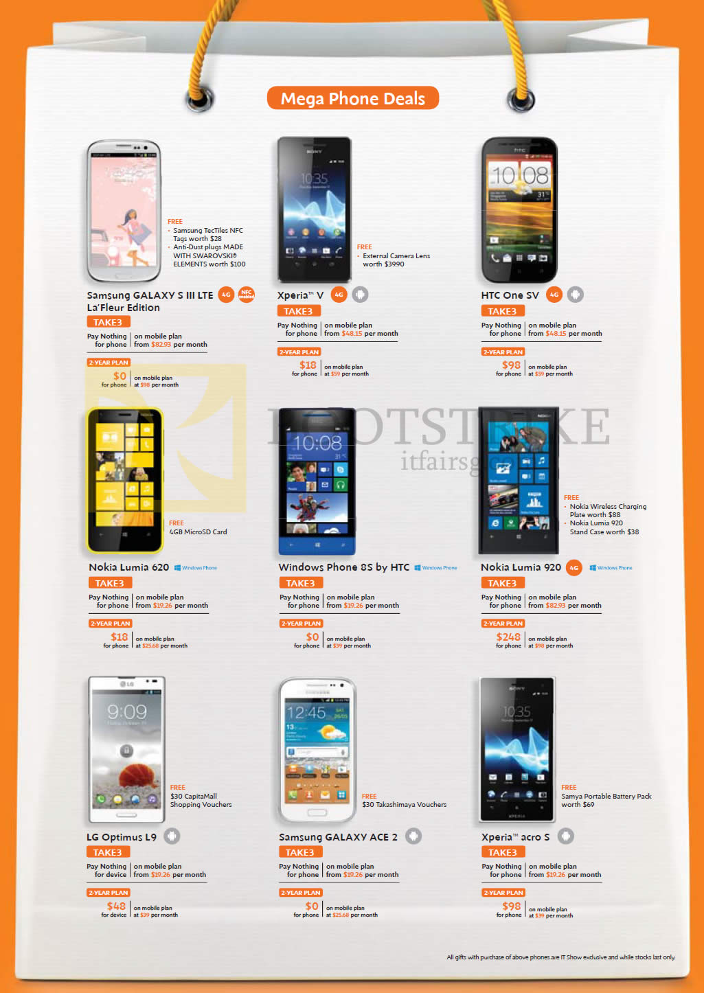 IT SHOW 2013 price list image brochure of M1 Mobile Phones Samsung Galaxy S III LTE, Galaxy Ace, Sony Xperia V, Acro S, LG Optimus L9, HTC One SV, Nokia Lumia 620, 920, HTC Windows Phone 8S