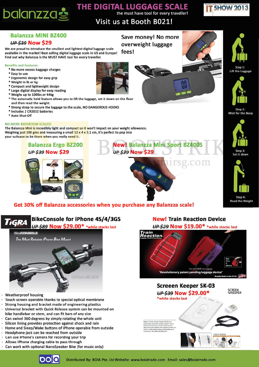 IT SHOW 2013 price list image brochure of Mojito Boia Balanzza Mini BZ400 Digital Luggage Scale, Ergo BZ200, Mini Sport BZ400S, Tigra BikeConsole, Train Reaction Device, Screeen Keeper SK-03