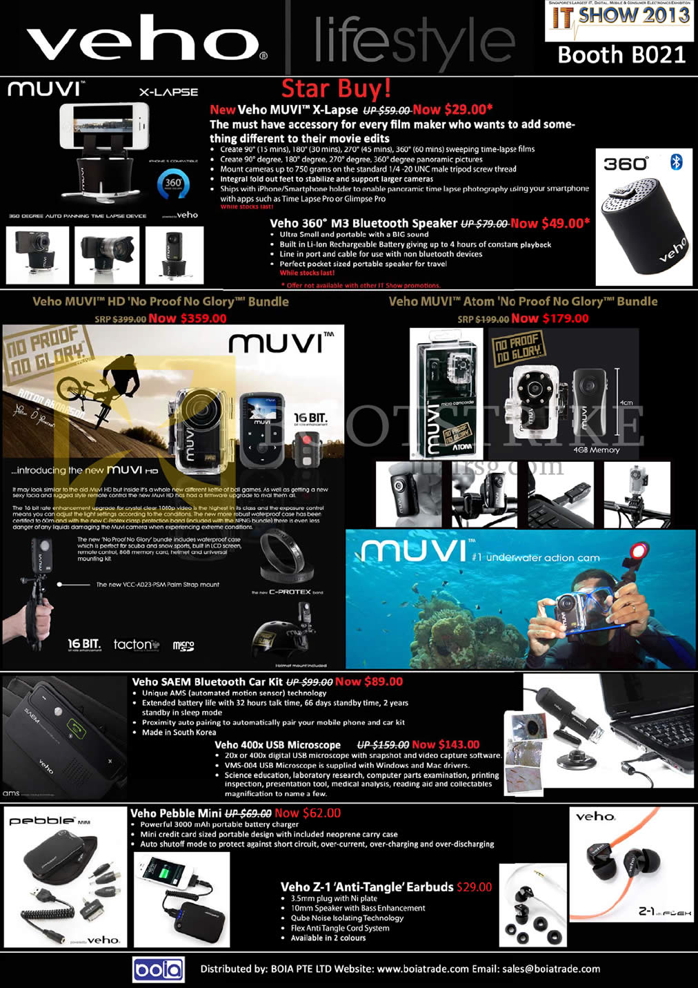 IT SHOW 2013 price list image brochure of Mojito Boia Veho Muvi X-Lapse, 360 M3 Bluetooth Wireless Speaker, Muvi HD, Muvi Atom, Saem, 400x USB Microscope, Pebble Mini, Z-1 Earphones