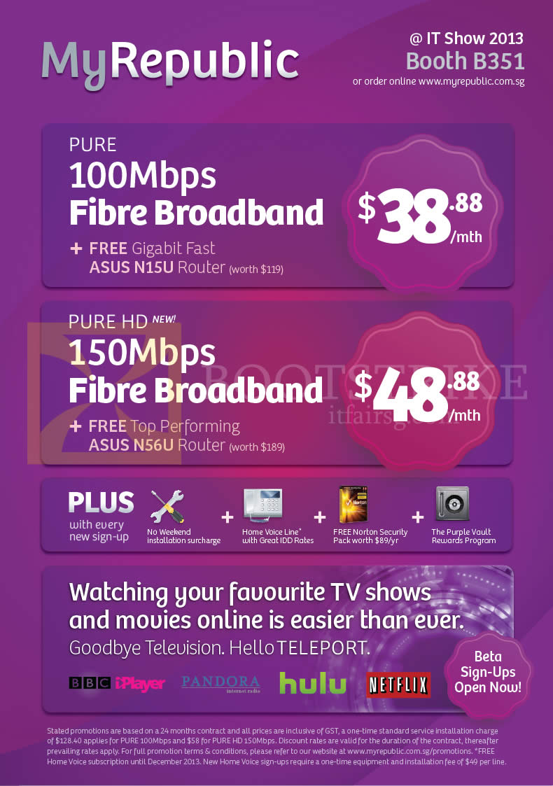 IT SHOW 2013 price list image brochure of MyRepublic Fibre Broadband Plans Pure, Pure HD, Free ASUS N15U Router, Teleport TV