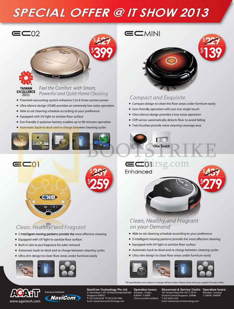 IT SHOW 2013 price list image brochure of Navicom Agait E-Clean Robotic Vacuum Cleaner EC02, EC01, Enhanced, Mini Features Price