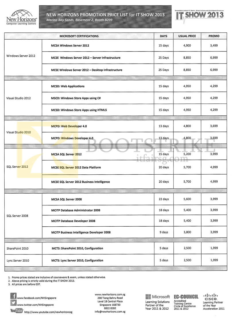 IT SHOW 2013 price list image brochure of New Horizon Training Courses Windows MCSA MCSE, Visual Studio MCSD MCPD, SQL Server MCSA MCITP, SharePoint CTS, Lync Server MCTS