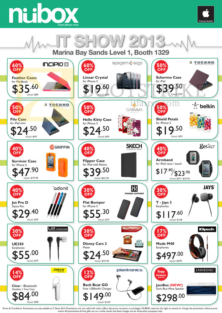 IT SHOW 2013 price list image brochure of Newstead Nubox Accessories Case, T-Jays 3 Earphone, Ultimate Ears UE350, Jawbone Jambox, Plantronics, Jabra, Klipsch Mode M40