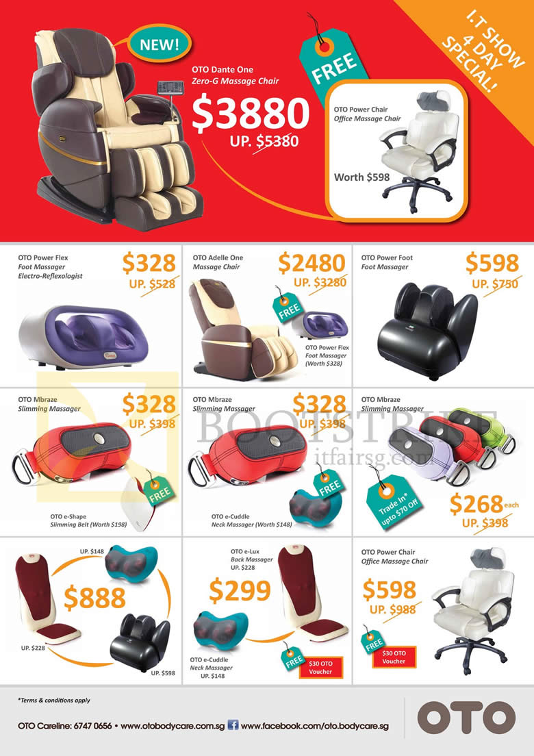 IT SHOW 2013 price list image brochure of OTO Massage Chairs Dante One Zero-G, Power Flex, Adelle One, Power Foot, Mbraze, E-Lux, Power Chair