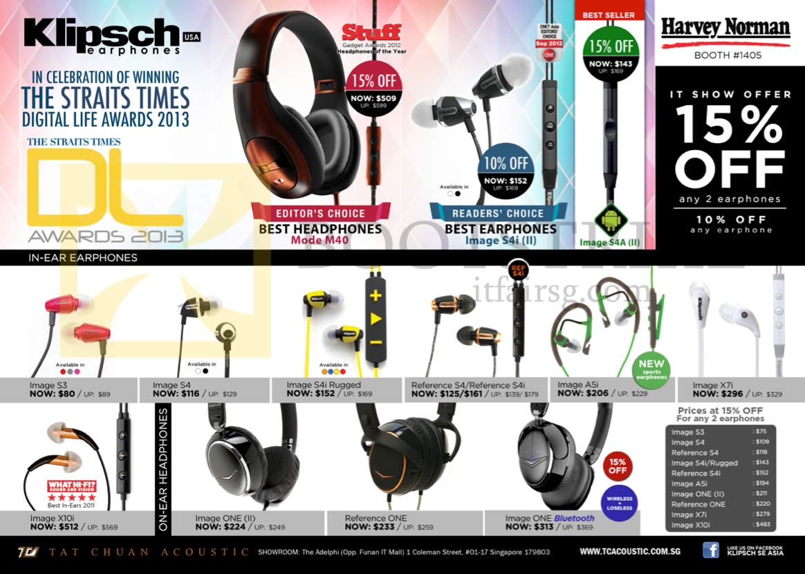 IT SHOW 2013 price list image brochure of Pertama Tat Chuan Klipsch Headphones Mode M40, Image S4i II Earphones, Image S3 S4 A5i One (II) X7i X10i, Reference S4 S4i ONE