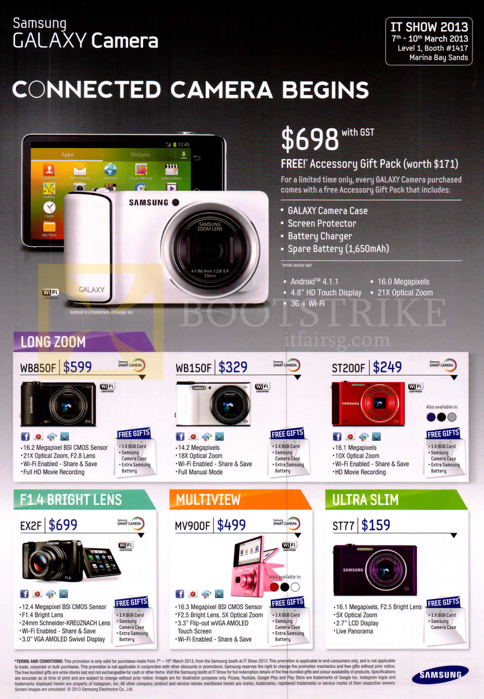 IT SHOW 2013 price list image brochure of Samsung Digital Cameras Galaxy Camera, WB850F, WB150F, ST200F, EX2F, MV900F, ST77