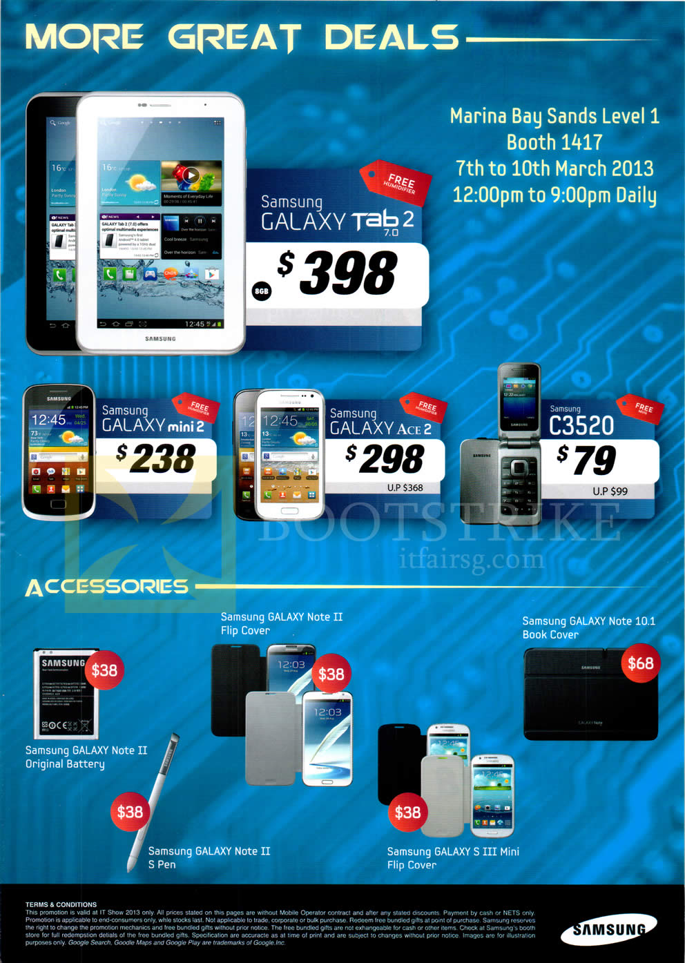 IT SHOW 2013 price list image brochure of Samsung Mobile Phones Galaxy Tab 2 7.0, Galaxy Mini 2, Galaxy Ace 2, C3520, Accessories Cover, Battery, S Pen, Flip Cover