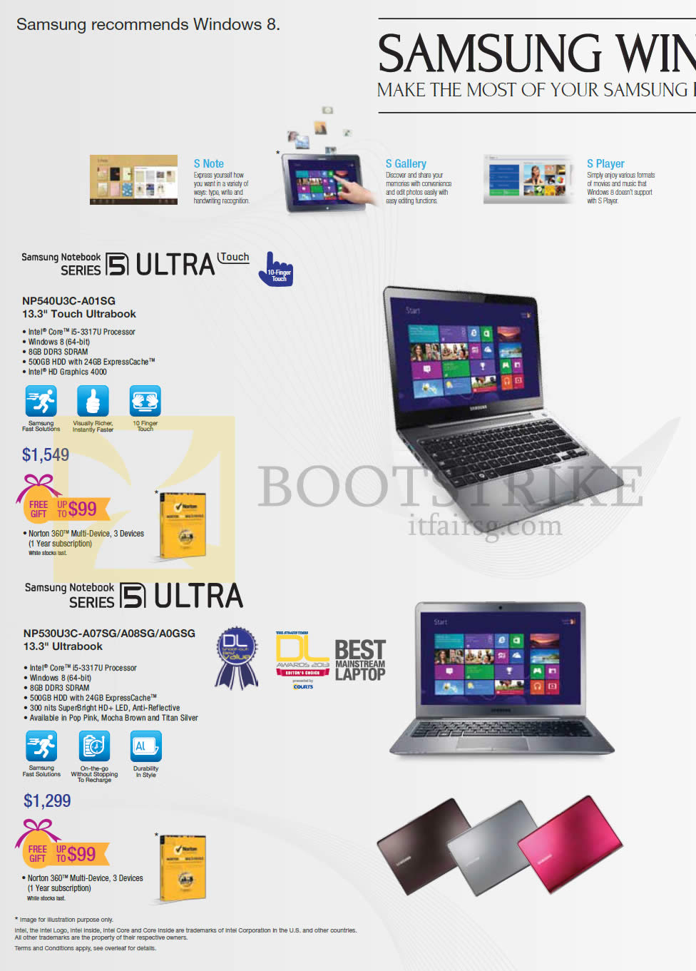 IT SHOW 2013 price list image brochure of Samsung Notebooks Series 5 NP540U3C-A01SG Ultrabook, NP530U3C-A07SG A08SG A0GSG