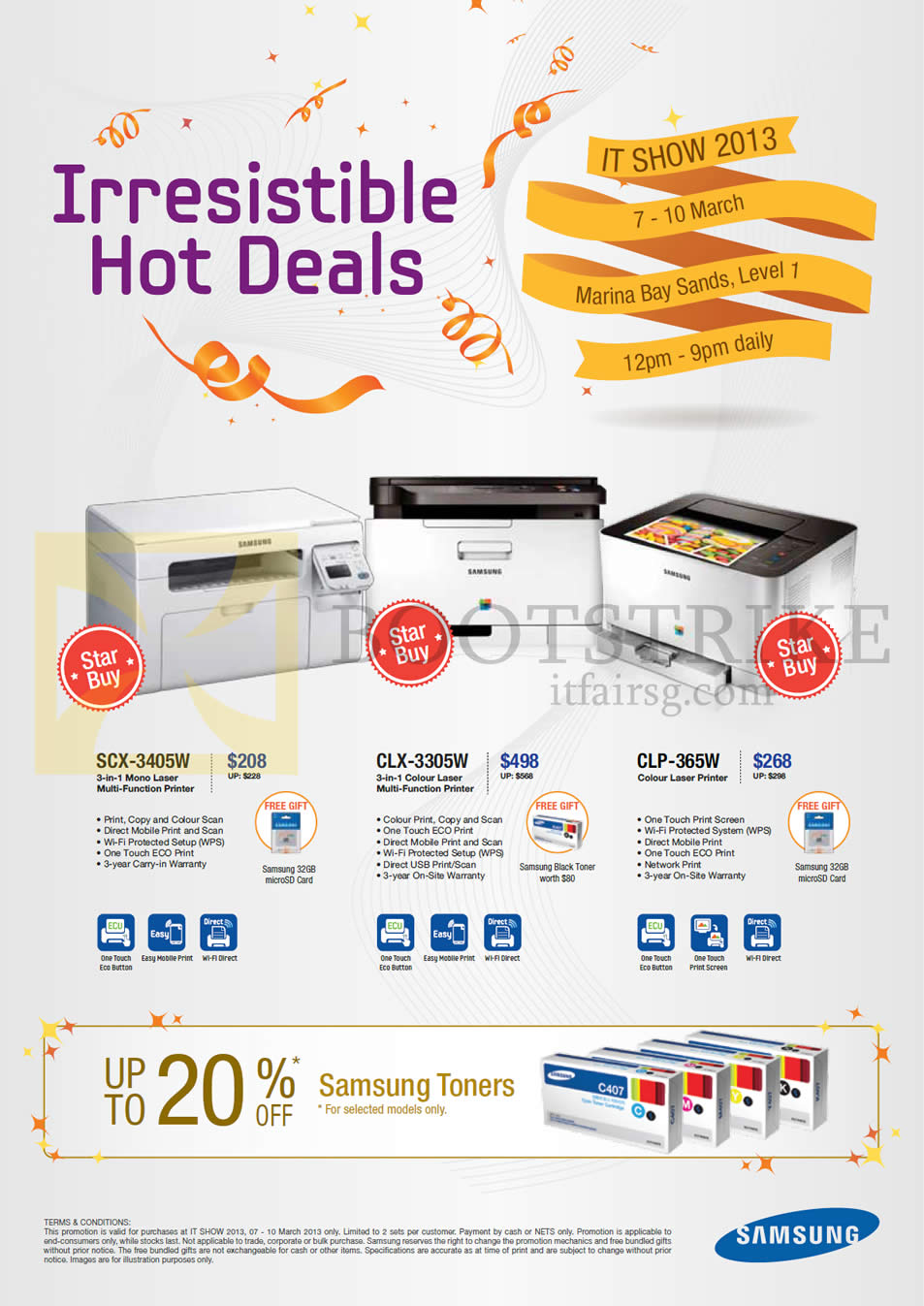 IT SHOW 2013 price list image brochure of Samsung Printers Laser SCX-3405W, CLX-3305W, CLP-365W